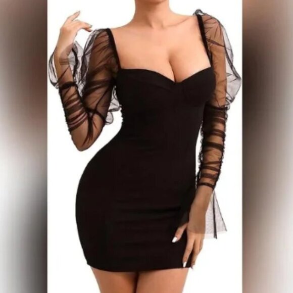 L'VOW Women Black Sheer Puff Long Sleeve Body Con Mini Dress XXL - Picture 1 of 9